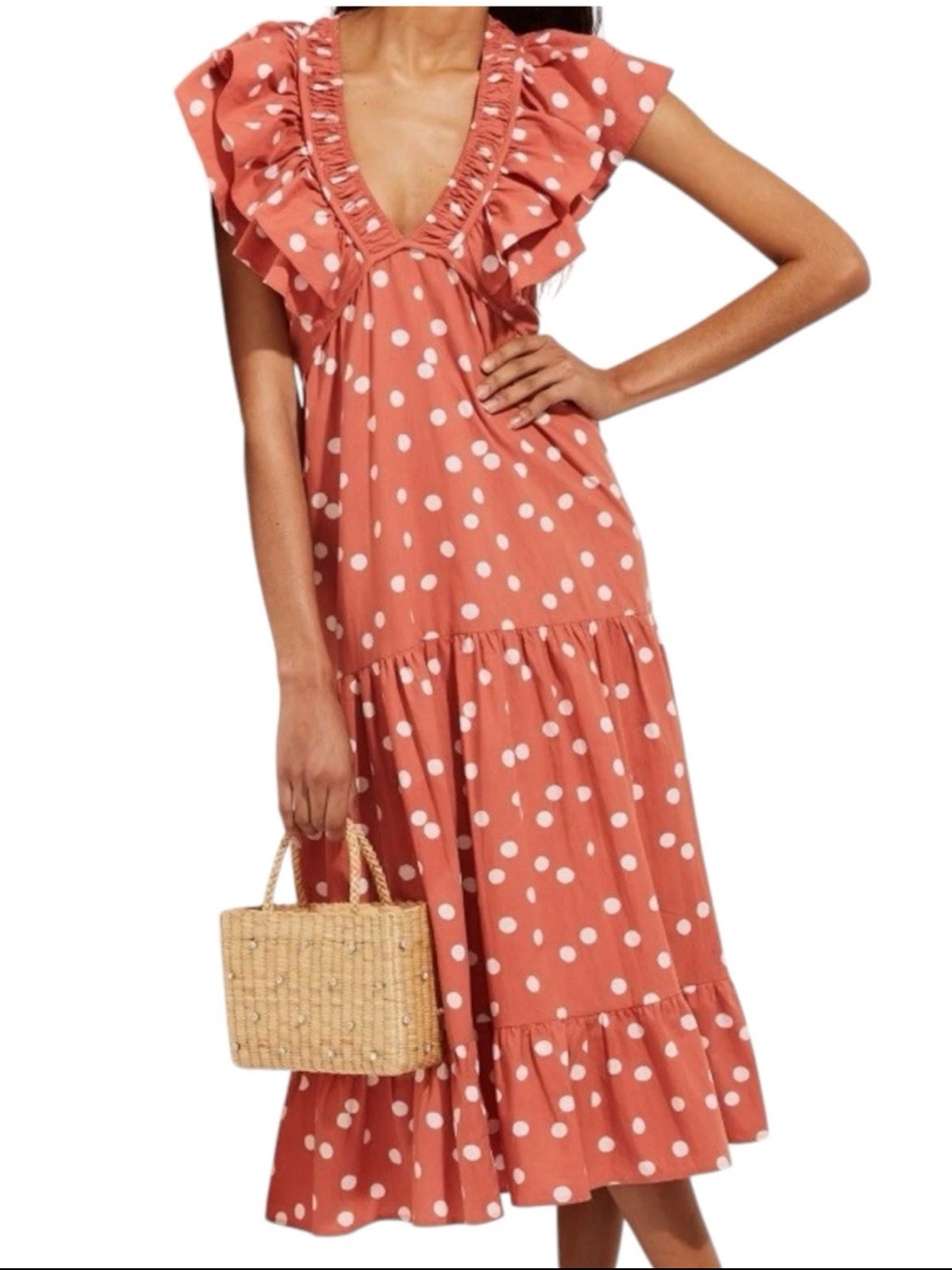 Roller Rabbit Size L Ondine Ruffle Midi Dress In Clay Resort Flutter Sleeve